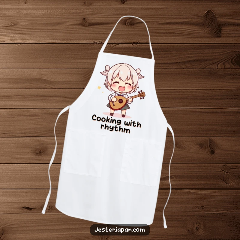 Funny apron with a character playing a tiny shamisen with exaggerated movements, perfect for kitchen fun and adding a rhythmic, humorous touch.