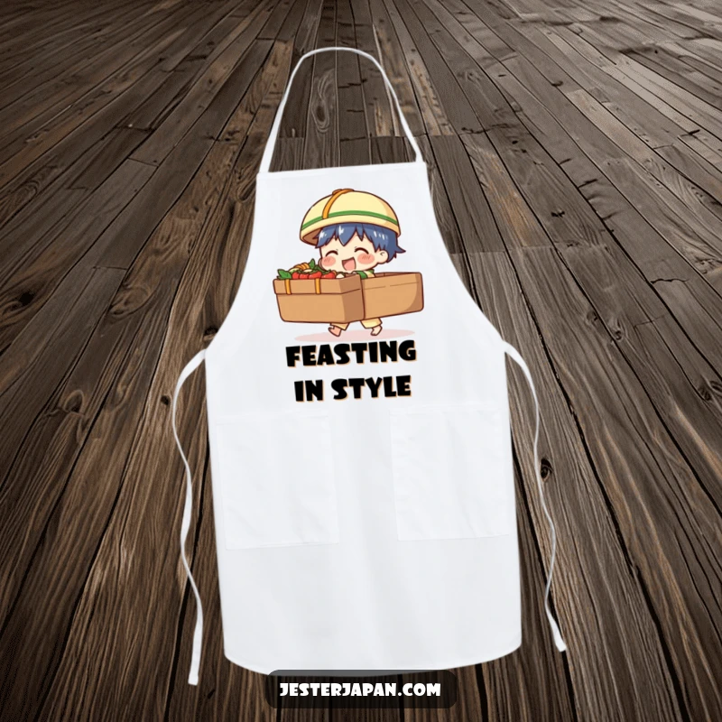 Funny apron with a character comically struggling with a huge bento box, perfect for kitchen fun and adding a humorous food-lover flair.