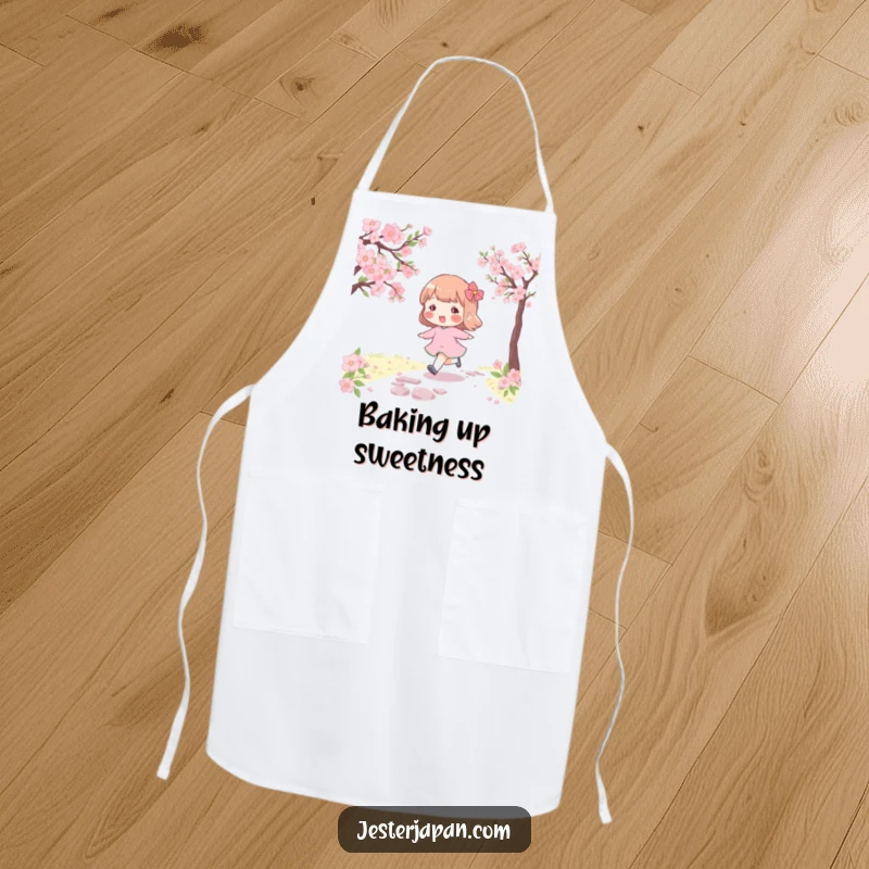 Funny apron with a character with rosy cheeks skipping along a cherry blossom path, perfect for playful spring cooking.