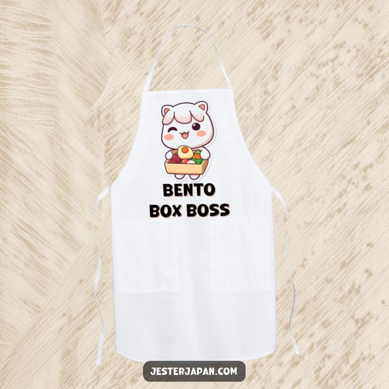 Funny Kawaii Bento Box Apron: Cute character cheerfully offering food from a bento box, perfect for cooking and baking, a practical and funny gift.