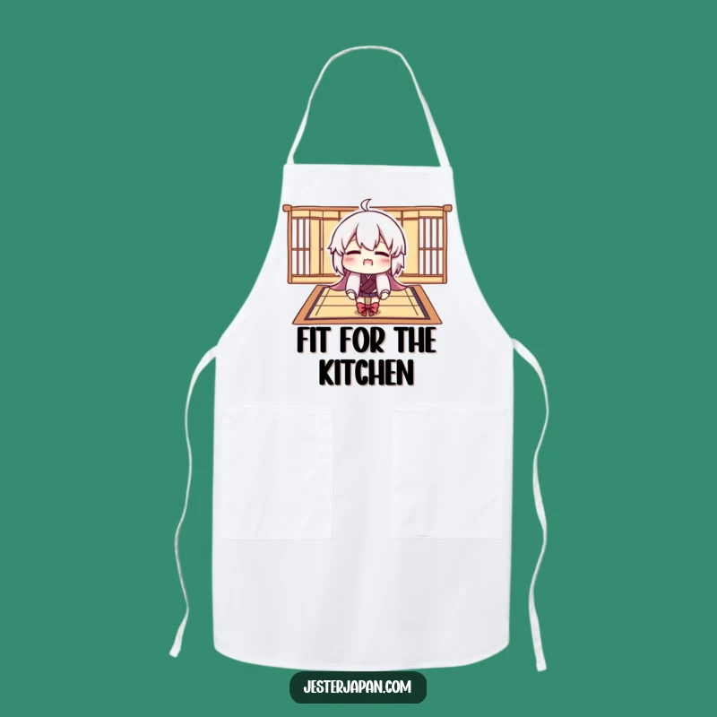 Cook up some laughs with this funny apron, showing a character hilariously attempting to fit onto a tiny Tatami mat. Chef's humor for the kitchen.