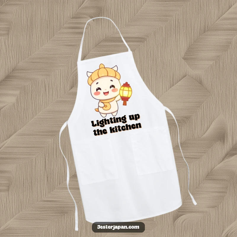 Funny Apron: A happy character holding a lantern, bringing light and cheer to the kitchen, an ideal funny gift.