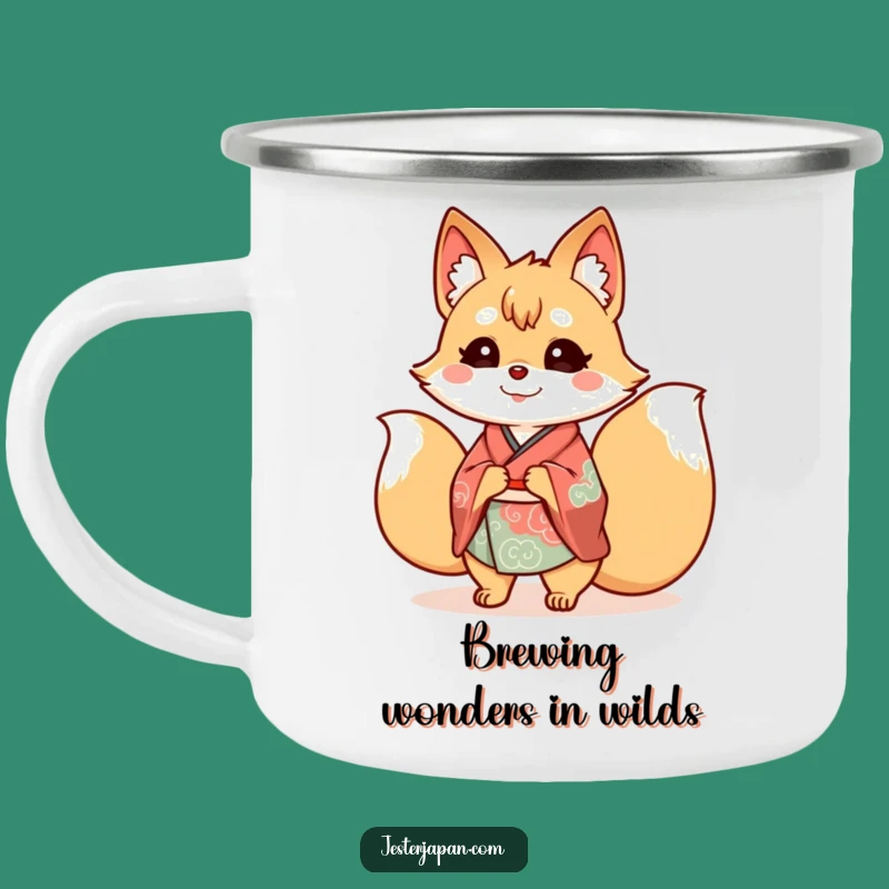 Adventure Funny Kitsune Kimono Camping Mug: Cheerful Fox, Outdoor Japanese Gift