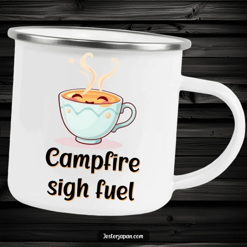 Funny enamel camping mug featuring a cute tea cup character happily exhaling pretend steam with a contented sigh, for outdoor use.