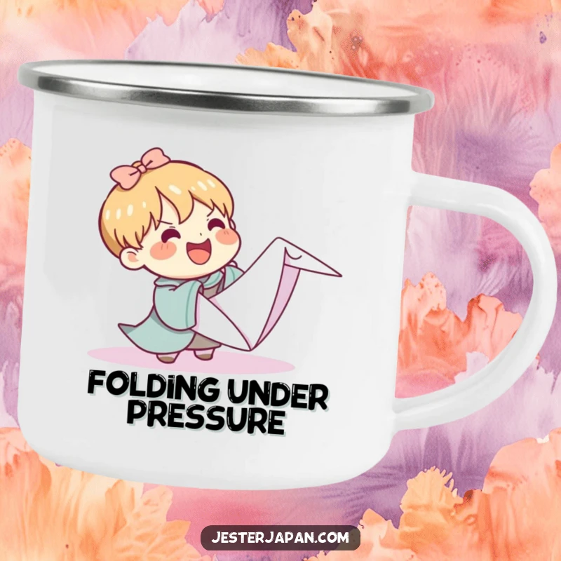 Funny Kawaii camping mug with a character struggling with a huge origami crane, designed for outdoor fun and a dose of creative, humorous spirit.