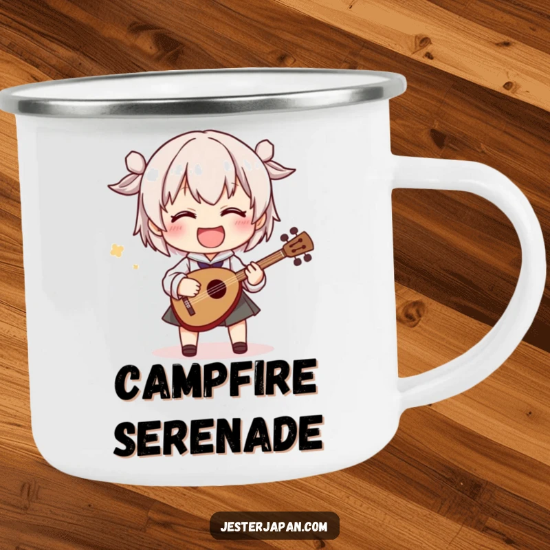 Funny camping mug with a character playing a tiny shamisen with exaggerated movements, designed for outdoor fun and a dose of portable, musical humor.