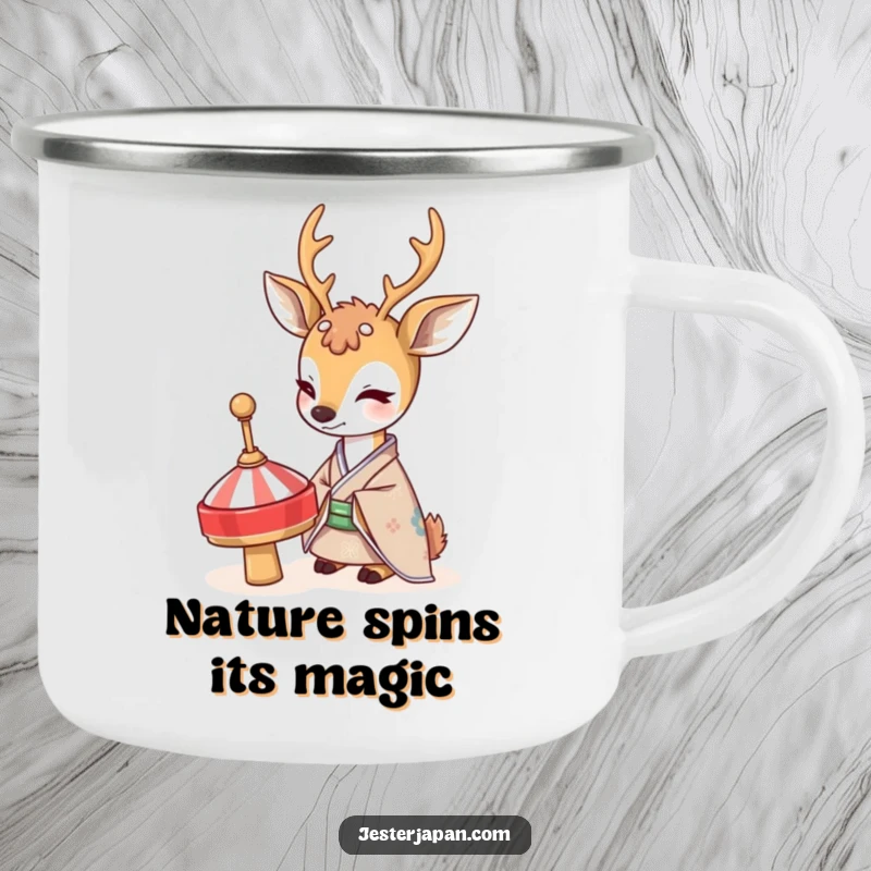 Funny Deer Kimono Camping Mug: A shy deer in traditional kimono curiously watches a spinning top in a serene outdoor setting.