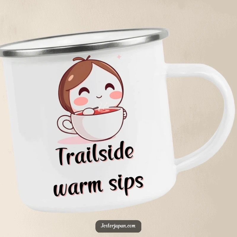 Funny camping mug showing a Kawaii character enjoying a hot drink, perfect for outdoor relaxation.
