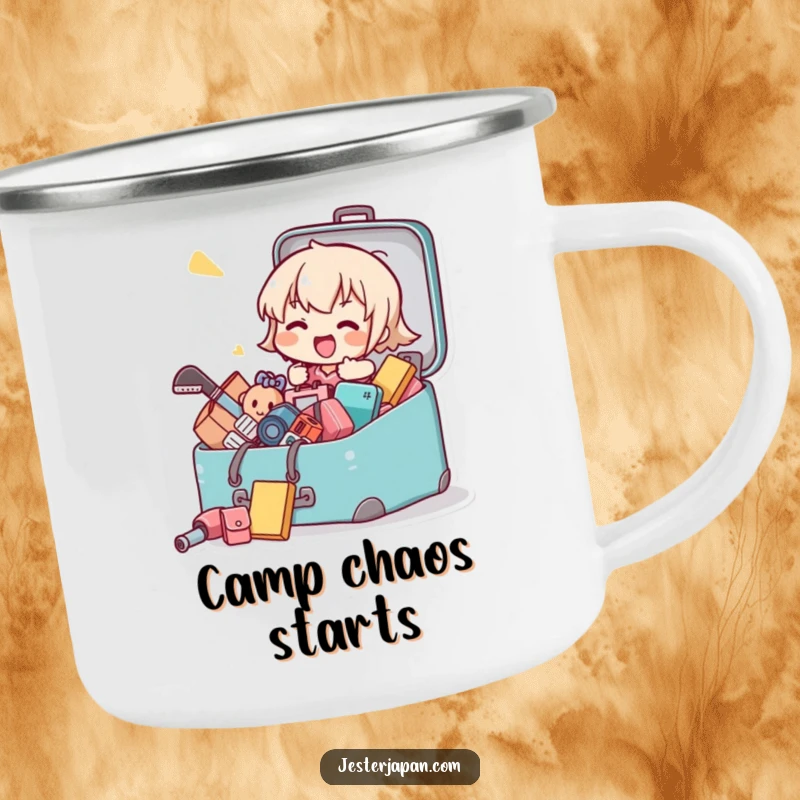 Funny camping mug showing a Kawaii character humorously packing camping gear into a suitcase, perfect for outdoor lovers.