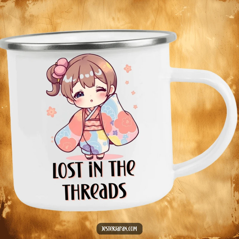 Funny camping mug with a character humorously draped in an oversized kimono, suitable for outdoor adventures and comedic enjoyment.