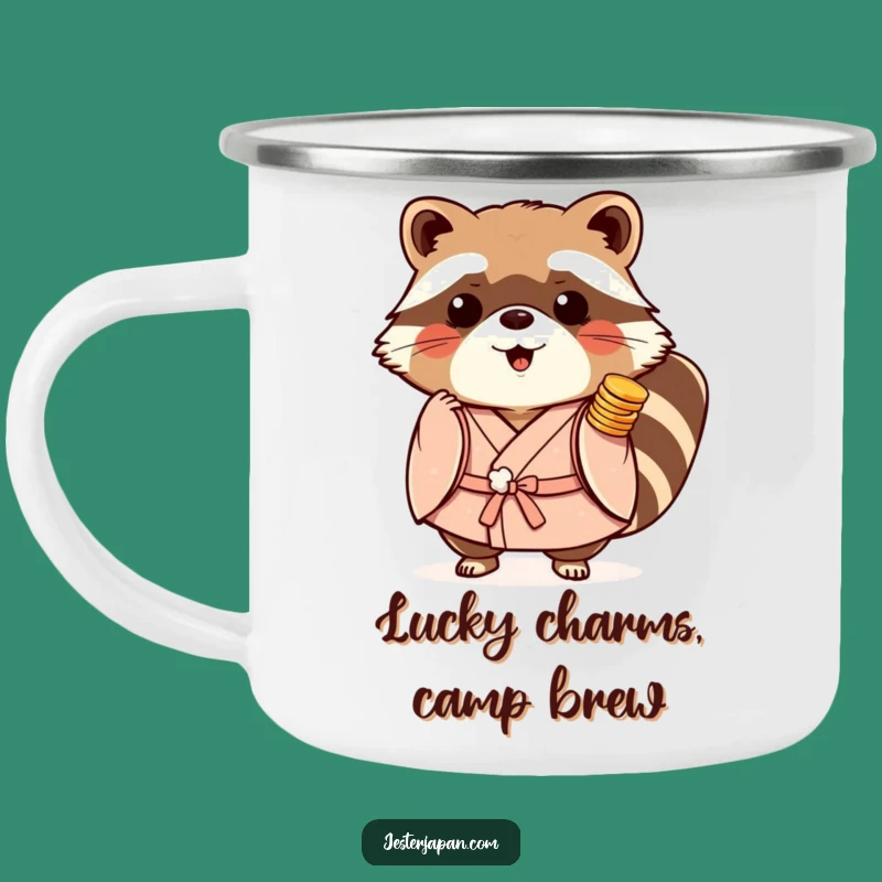 Adventure Funny Tanuki Kimono Camping Mug: Playful Coins, Outdoors Gift