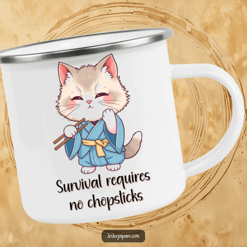 Funny Cat Kimono Camping Mug: A fluffy cat in a blue kimono hilariously failing with chopsticks during a camping trip, a comical scene.
