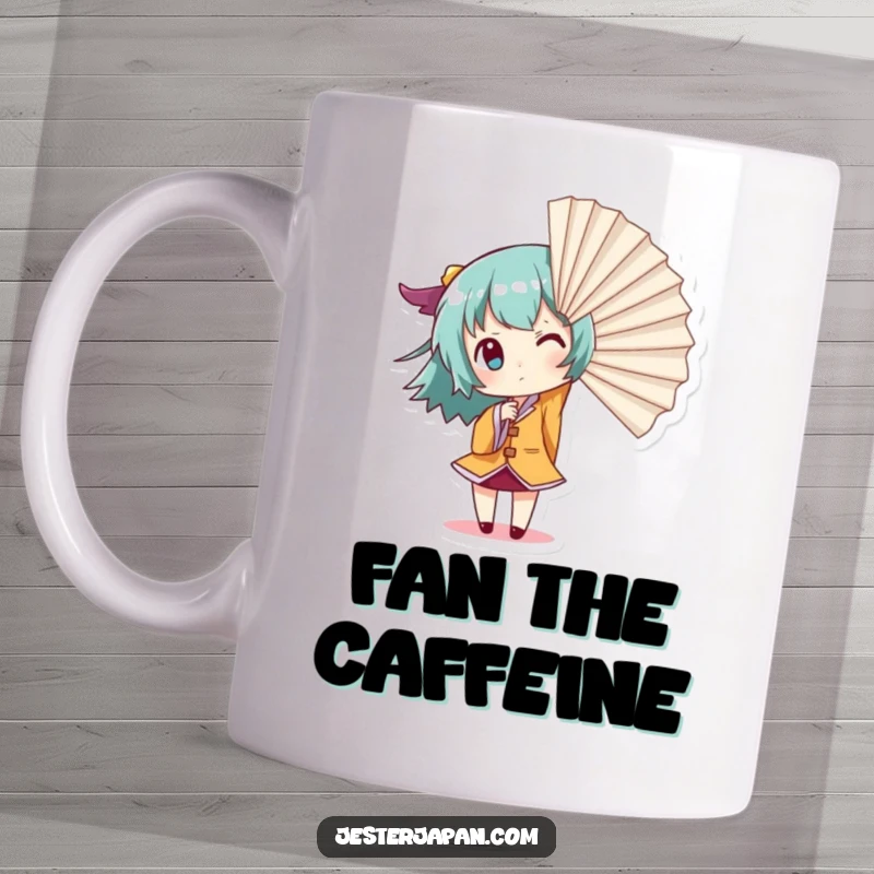 Funny Giant Fan Mug: Small character dramatically wields a giant fan to create a powerful gust of wind, showing off their impressive (and funny) power.