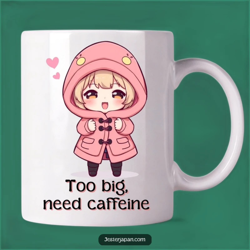 This mug features a character hilariously struggling with a dramatically oversized Happi coat. It's a funny reminder that sometimes, fashion is a battlefield.