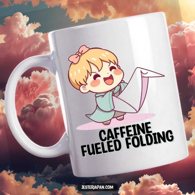 Funny Kawaii mug showing a determined character joyfully attempting to fold an enormous origami crane, highlighting comical struggle and sweet effort.