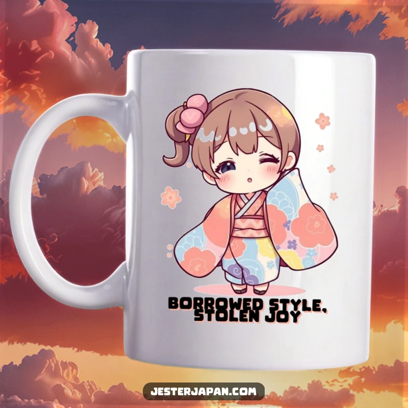 Funny mug showing a cute character hilariously drowning in a ridiculously large, vibrant kimono, embodying playful fashion mishaps.
