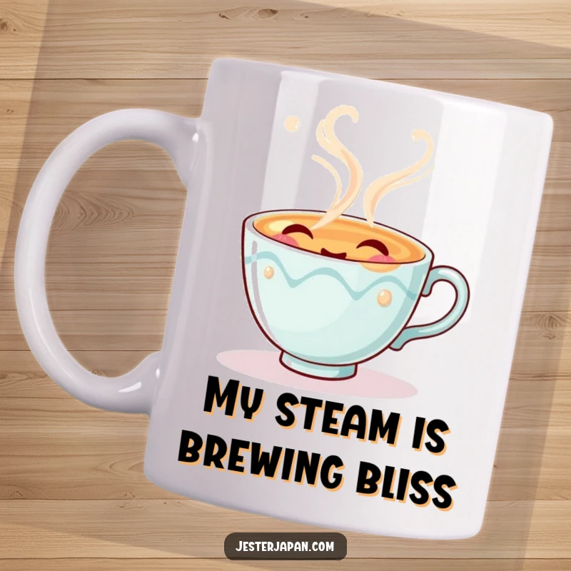 Funny mug featuring a cute tea cup character happily exhaling pretend steam with a contented sigh, perfect for tea enthusiasts.