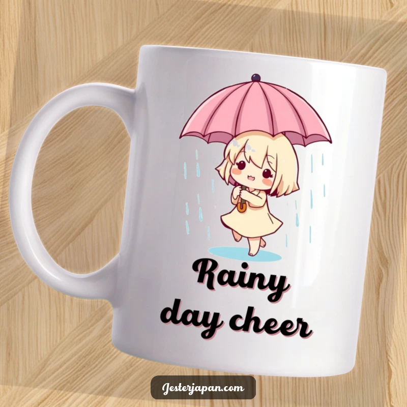 Funny Tiny Dancer Mug: Small character happily dances under a miniature umbrella in playful raindrops, embodying joy and resilience.