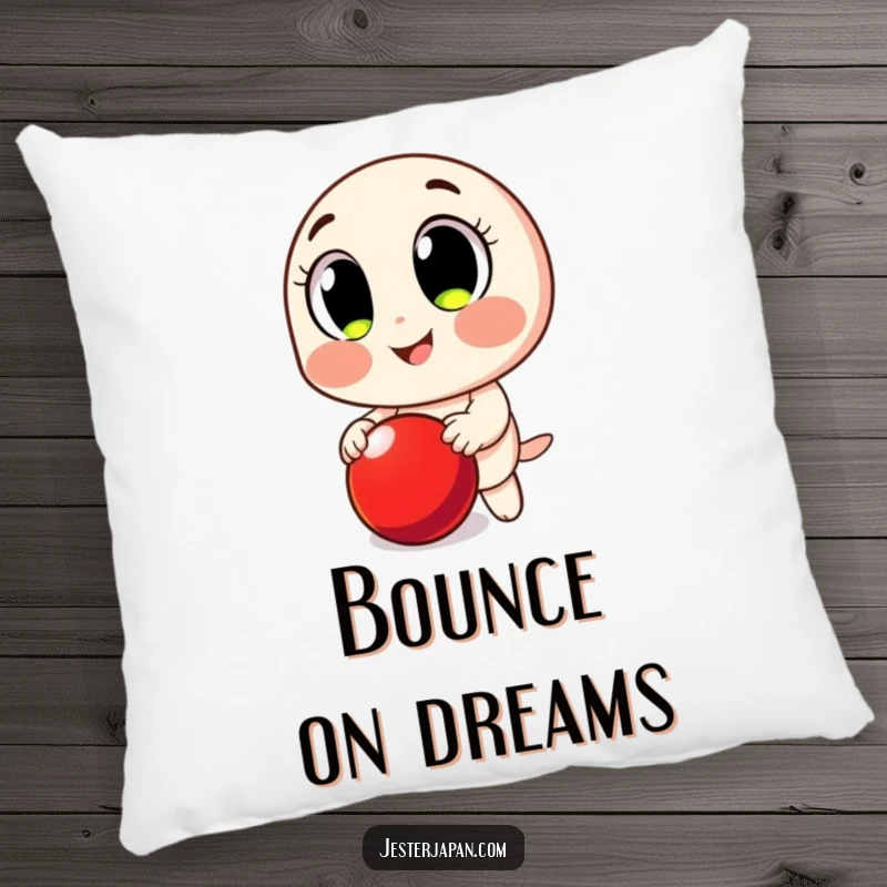 Funny Pillow: Character with big, happy eyes, smiling while bouncing a red ball.