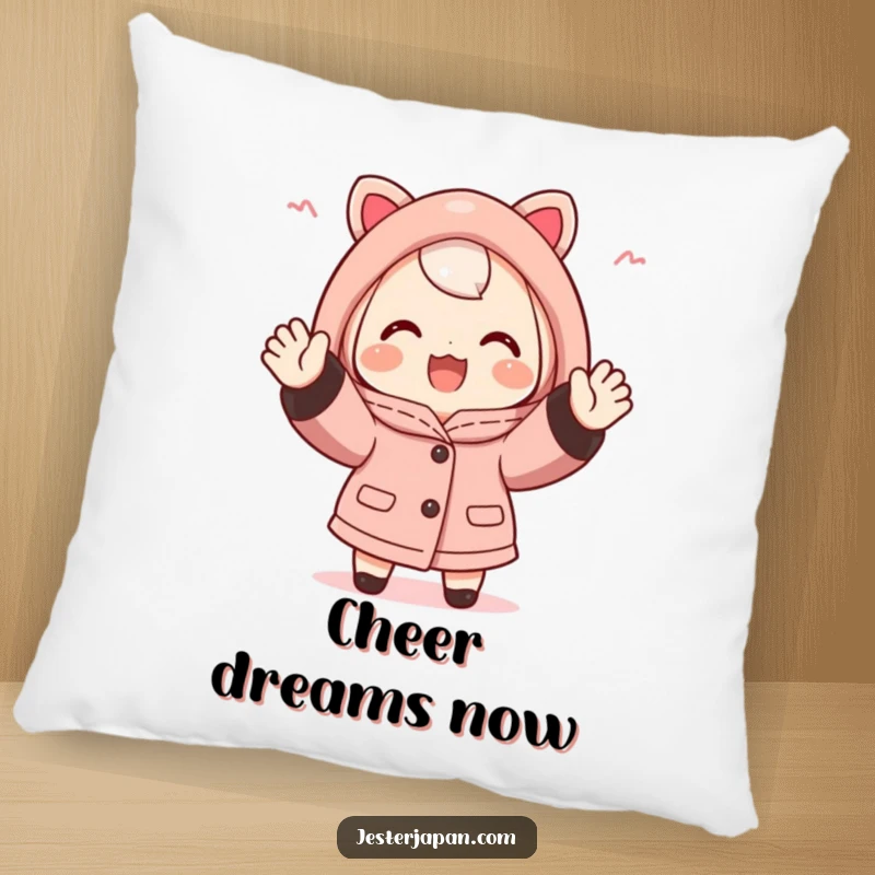 Funny Happi Coat Pillow: Soft plush pillow featuring a cute character in a happi coat, enthusiastically cheering with both hands, perfect for cozy support.