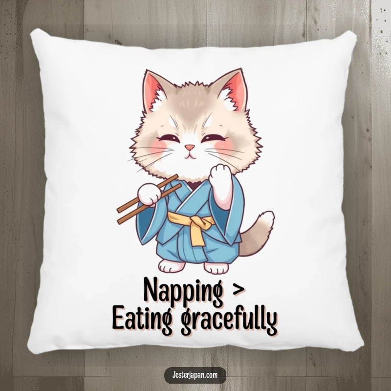 Funny Cat Kimono Pillow: A fluffy cat in a blue kimono hilariously failing to use chopsticks, rendered on a soft, comfortable cushion.