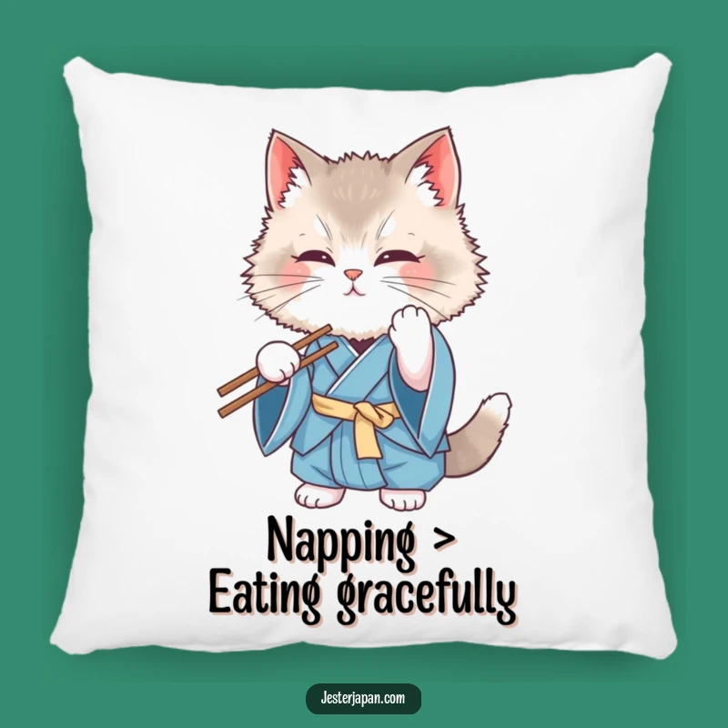 Funny Cat Kimono Pillow: Clumsy Chopstick Feline Cushion - Soft 'Funny Gift'