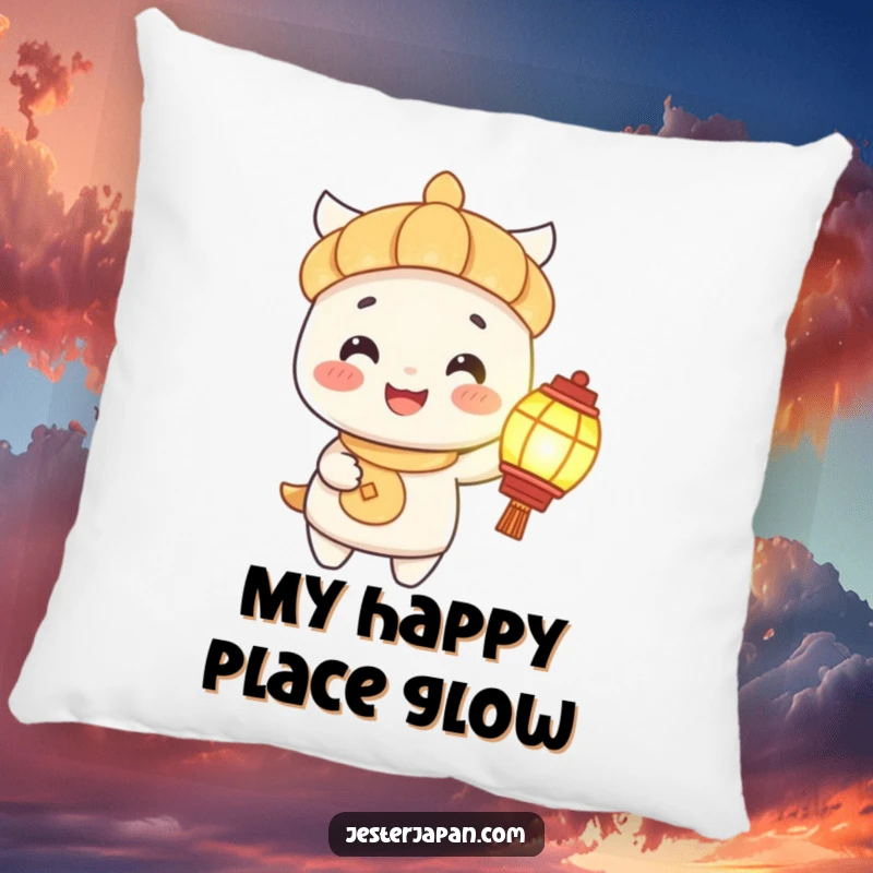 Funny Pillow: A cheerful character holds a lantern, casting a warm glow, perfect for adding comfort and happy vibes.