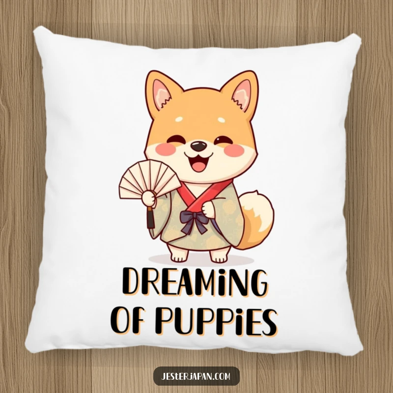 Funny pillow featuring a cheerful Shiba dog in a colorful kimono happily waving a paper fan, offering comfort and joy.