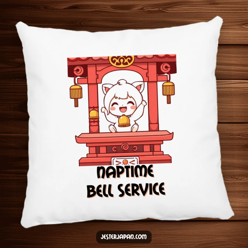 Funny pillow with a character engrossed in the peaceful act of ringing a tiny temple bell, offering comfort and a smile.