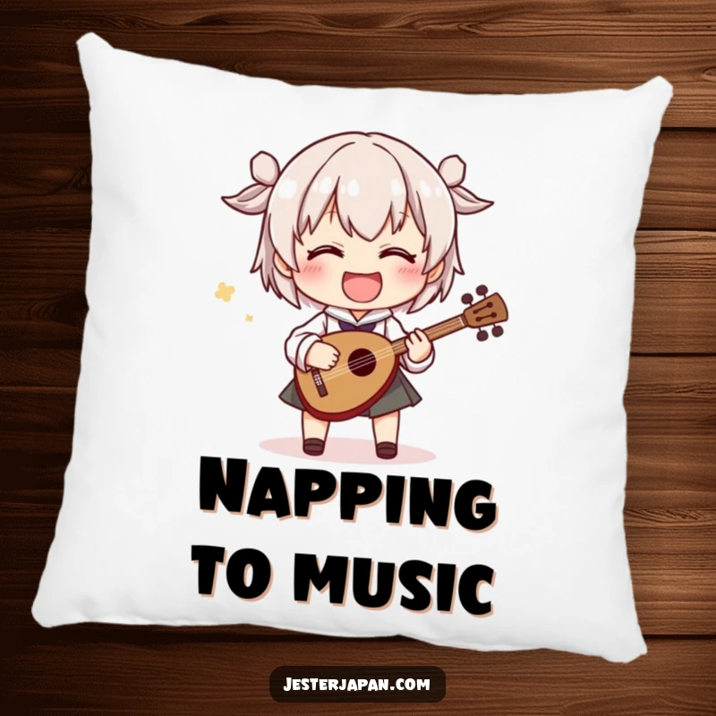 Funny pillow showing a character energetically playing a tiny shamisen with exaggerated movements, a cozy reminder of musical passion and humorous expression.