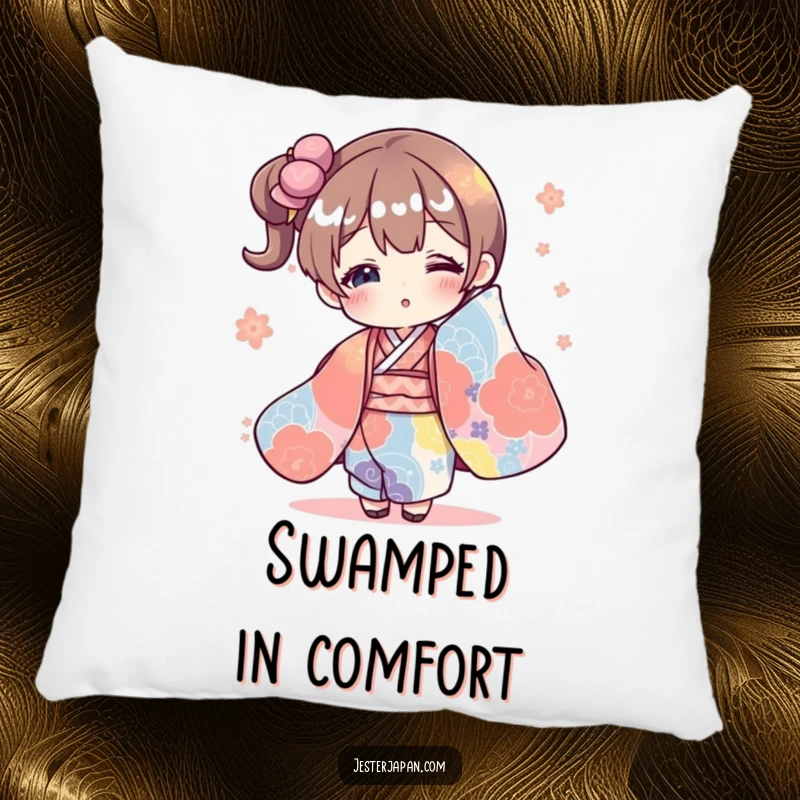 Funny pillow with a character comically swamped by an oversized, colorful kimono, offering plush comfort and humorous decor.