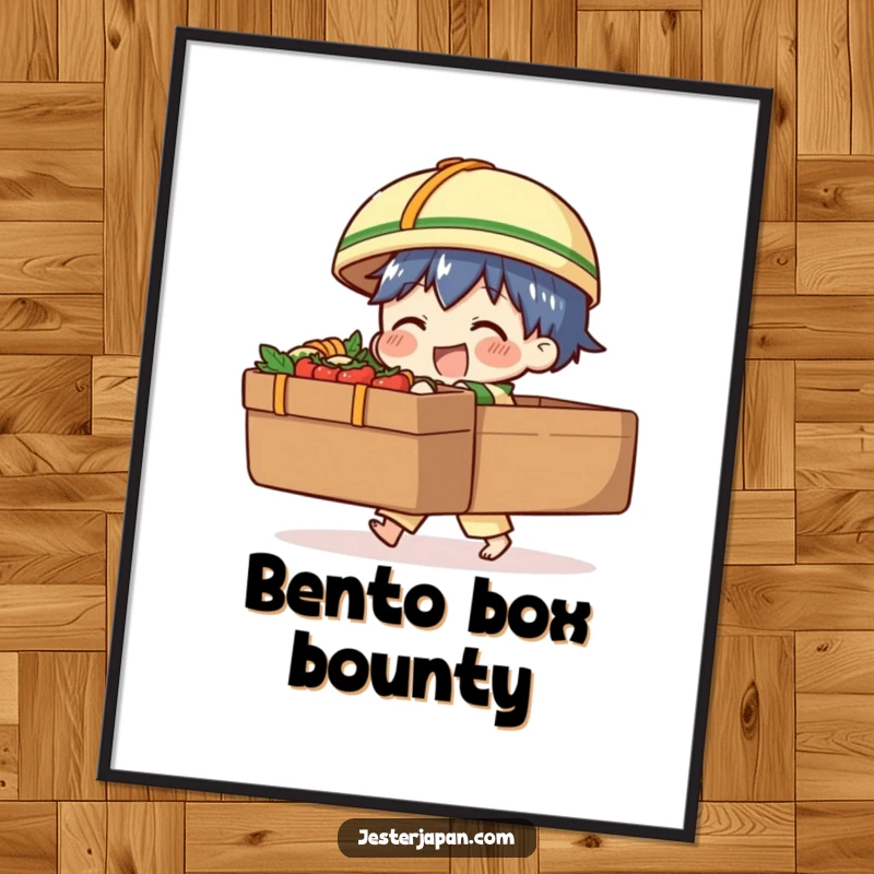 Funny digital art print of a character comically struggling with an oversized bento box, perfect for instant, humorous culinary decor.