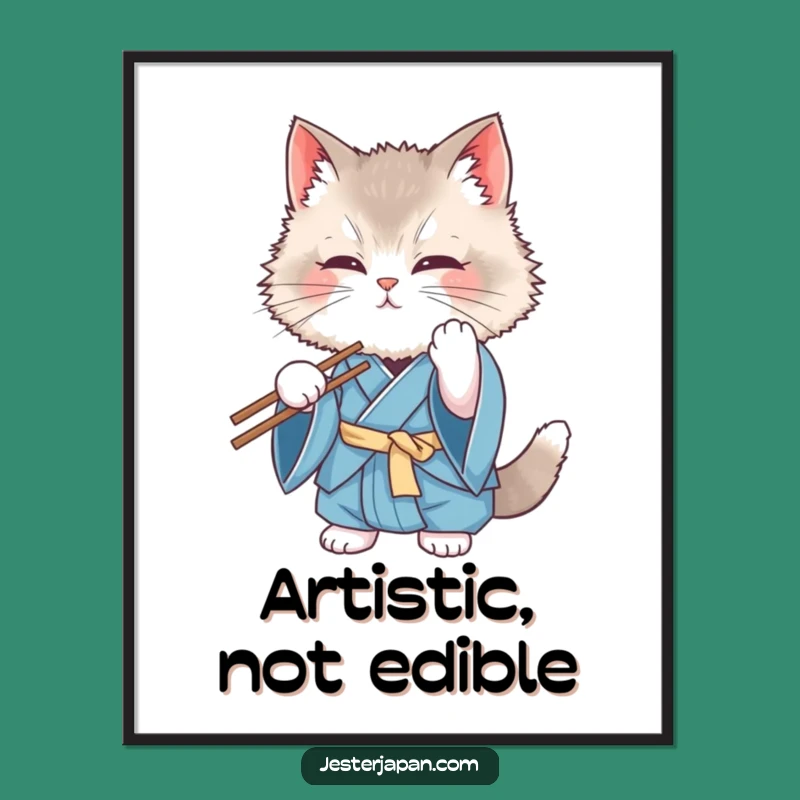 Funny Cat Kimono Digital Art: Clumsy Chopstick Feline - Instant 'Funny Gift'