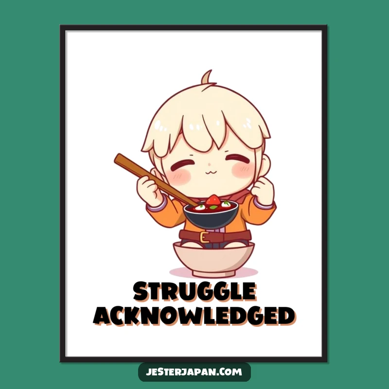 Bring a smile to your face every day with this funny digital art print of a character's comical chopstick mishap. An instant, funny gift for art lovers and food enthusiasts.