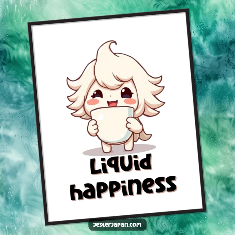 Funny digital art print of a character with a huge smile holding a steaming cup, perfect for instant cheerful decor.