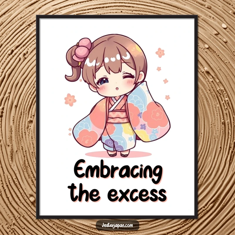 Funny digital art print of a character hilariously overdressed in a massive, colorful kimono, perfect for humorous wall decor.