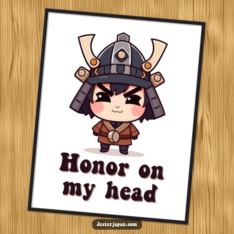 Funny digital art print of a character with a confident smirk wearing a tiny samurai helmet, ready for display.