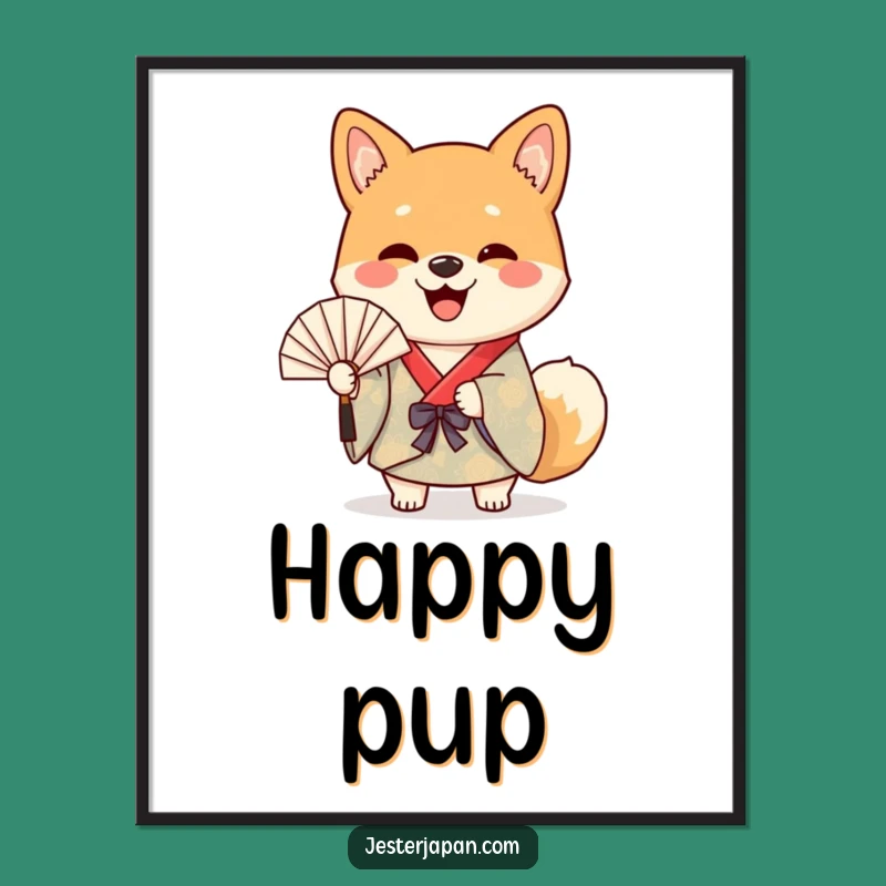 Funny Shiba Dog Kimono Digital Art Print - Happy Waving Wall Decor Gift