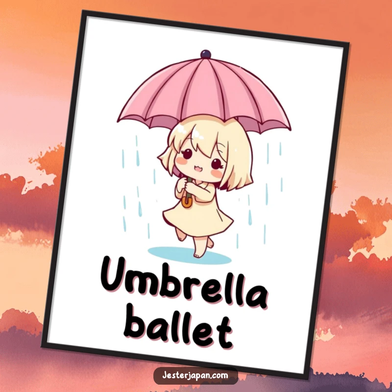 Funny Tiny Dancer Digital Art Print: Instant download art of a tiny character dancing in playful rain with a miniature umbrella, ideal for whimsical decor.