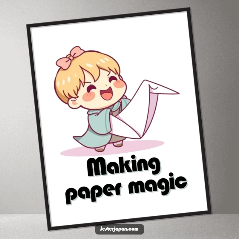 Funny Kawaii digital art print of a character attempting to fold an impossibly large origami crane, perfect for instant, humorous creative decor.