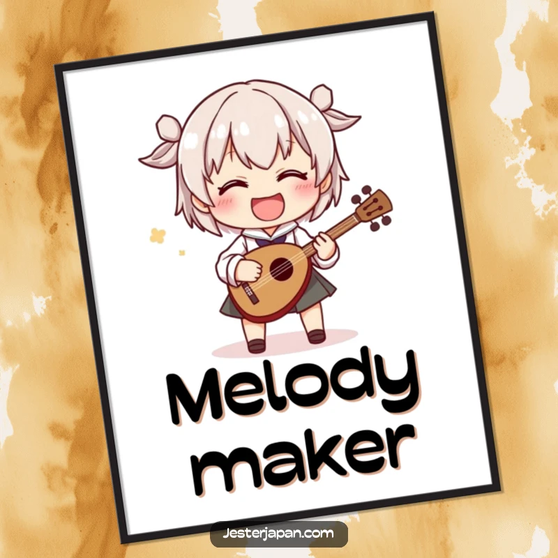 Funny digital art print of a character playing a miniature shamisen with exaggerated movements, perfect for instant, humorous musical decor.