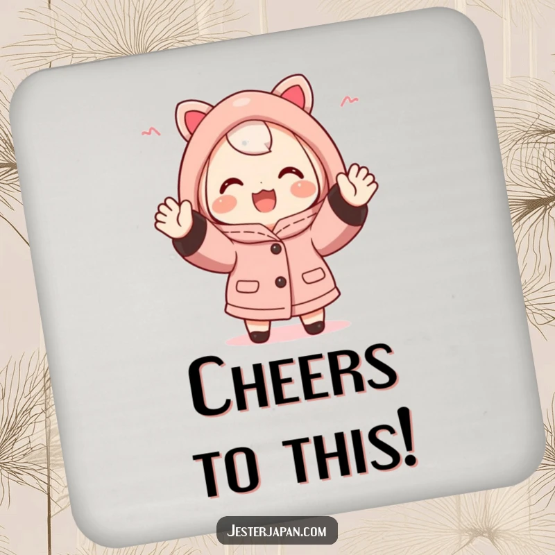 Funny Happi Coat Coaster Set: Cute character in a happi coat, enthusiastically cheering with both hands, protecting tables with fan spirit, a perfect funny gift.