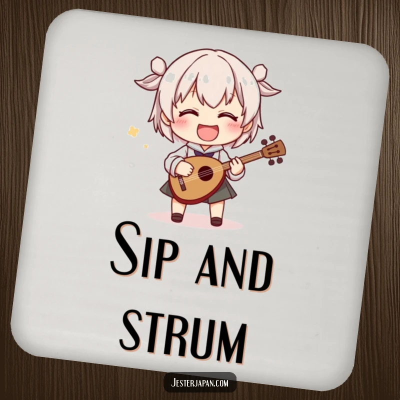 Funny coasters showing a character playing a tiny shamisen with exaggerated movements, providing protection with a touch of cheerful, musical artistry.
