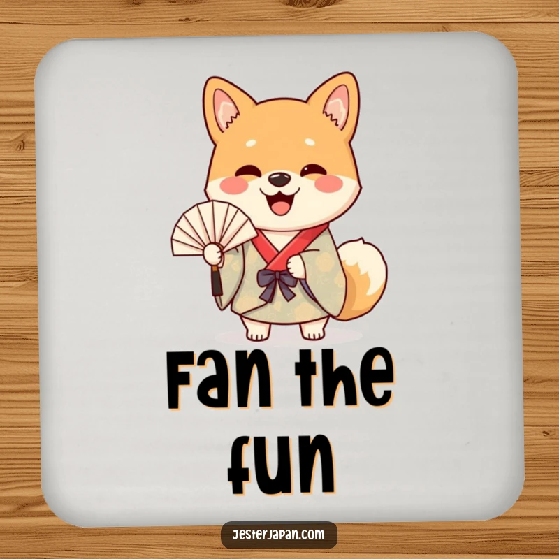 Funny drink coaster featuring a cheerful Shiba dog in a colorful kimono happily waving a paper fan, a delightful coaster.