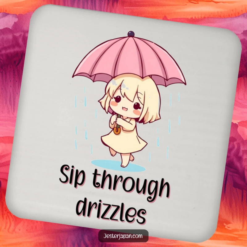 Funny Tiny Dancer Coaster Set: Tiny character dancing in the rain with a miniature umbrella, protecting tables with whimsical charm, a perfect funny gift.