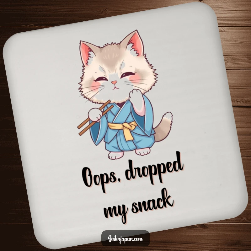 Funny Cat Kimono Coaster: A fluffy cat in a blue kimono comically struggles with chopsticks, designed to protect tables with humor.
