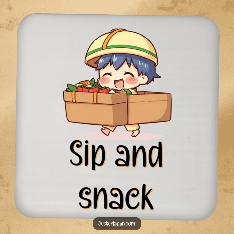 Funny coasters showing a character struggling with a massive bento box, providing protection with a touch of humorous culinary artistry.