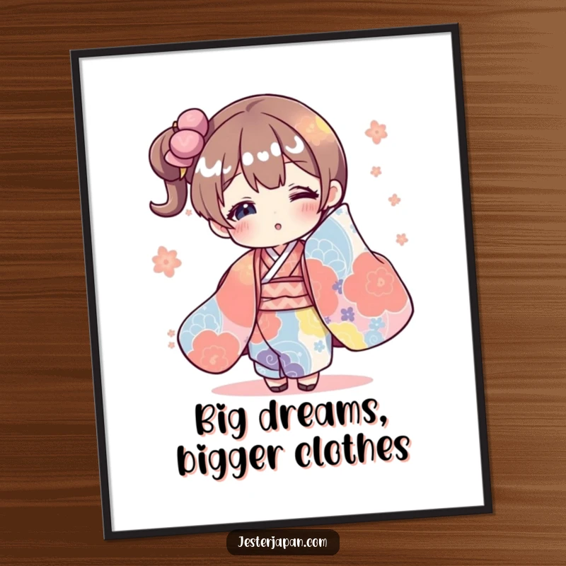 Funny poster featuring a character comically lost within a massive, vivid kimono, celebrating playful fashion and cultural charm.