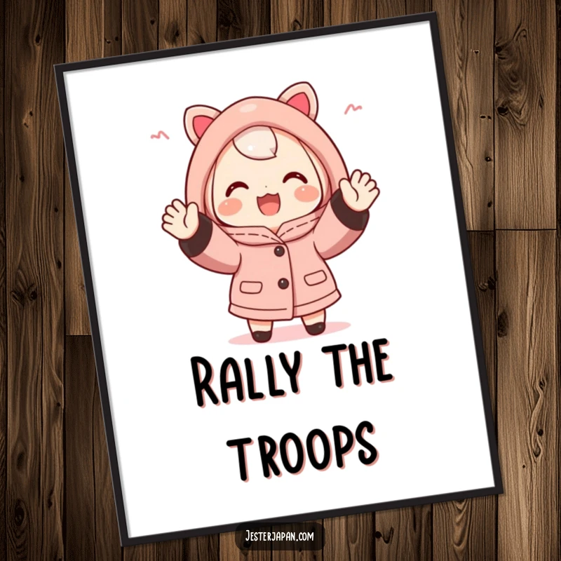 Funny Happi Coat Poster: Cute character in a traditional happi coat, enthusiastically cheering with both hands raised, bringing vibrant energy to your wall.
