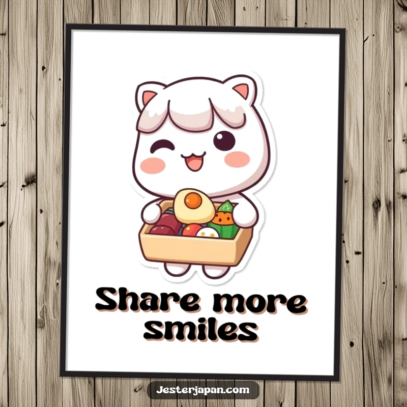 Funny Kawaii Bento Box Poster: Cute character cheerfully offering food from a bento box, symbolizing friendship and delicious treats, perfect wall art.